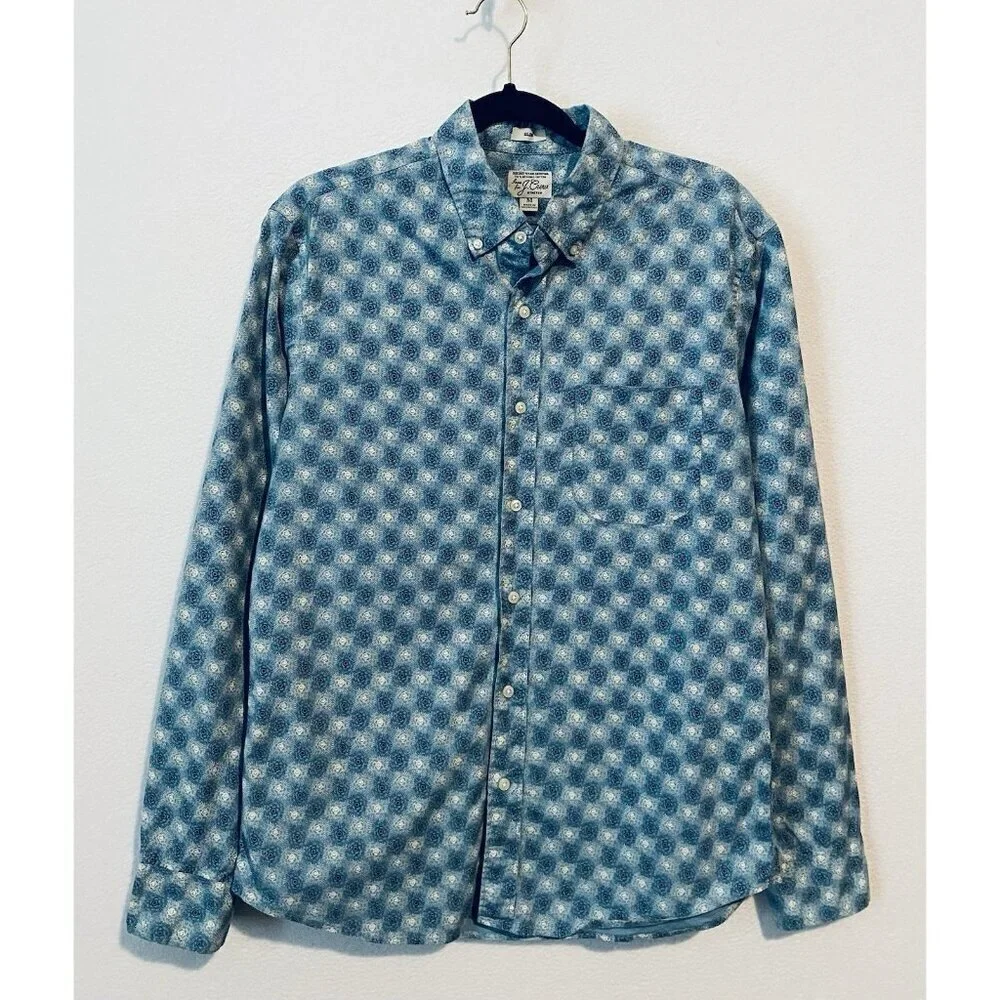 J Crew Shirt Mens Medium Blue Floral Secret Wash Shirting Organic Cotton Boho